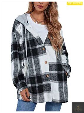 Oversized Flannel Plaid Shacket Jacket with Hood Long Sleeve Button Down Hoodie